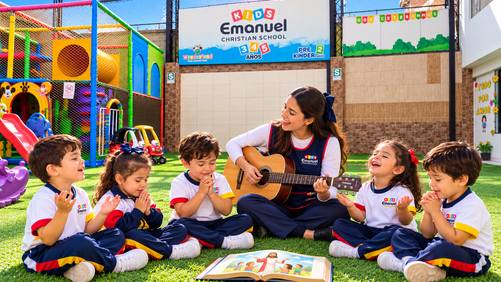 Niños en el patio escolar durante una actividad de alabanza